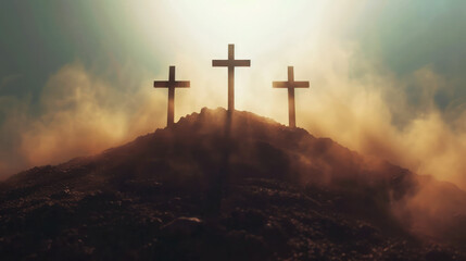 Three crosses on top of the hill in the mist.  - obrazy, fototapety, plakaty