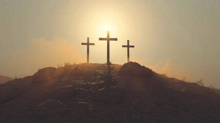 Three crosses on top of the hill in the mist.  - obrazy, fototapety, plakaty