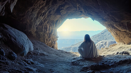 Resurrection. Jesus Christ sitting in the burial cave. - obrazy, fototapety, plakaty
