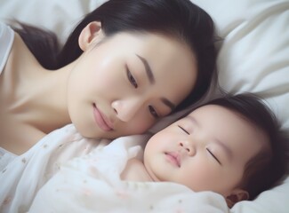 Obraz na płótnie Canvas Asian mother hugging sleeping baby lying on bed, on white bedsheets