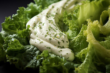 Caesar salad - Crisp green abstract shapes with Caesar dressing swirls. - obrazy, fototapety, plakaty