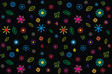 Illustration of abstract multi color flower with leaf on black background.
