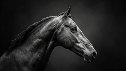 a horse - black and white side profile picture - obrazy, fototapety, plakaty