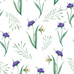 Fototapeta na wymiar Watercolor drawing of berries with flowers on a white background. Seamless pattern.