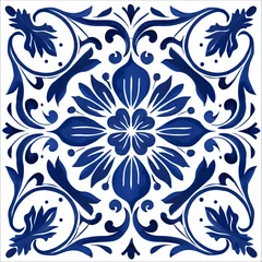 Gordijnen Ethnic folk ceramic tile in talavera style with navy blue floral ornament. Italian pattern, traditional Portuguese and Spain decor. Mediterranean porcelain pottery isolated on white background © Margarita Ratatosk