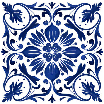 Ethnic folk ceramic tile in talavera style with navy blue floral ornament. Italian pattern, traditional Portuguese and Spain decor. Mediterranean porcelain pottery isolated on white background