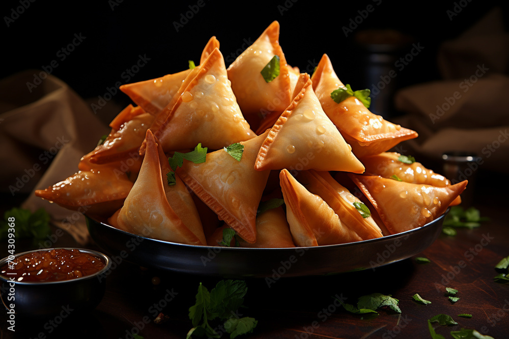 Aufkleber samosa - triangular abstract forms filled with spiced potato and peas.
