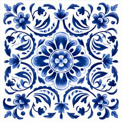 Ethnic folk ceramic tile in talavera style with navy blue floral ornament. Italian pattern, traditional Portuguese and Spain decor. Mediterranean porcelain pottery isolated on white background - obrazy, fototapety, plakaty
