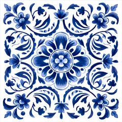 Stof per meter Ethnic folk ceramic tile in talavera style with navy blue floral ornament. Italian pattern, traditional Portuguese and Spain decor. Mediterranean porcelain pottery isolated on white background © ratatosk