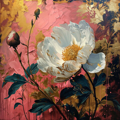 Oil painting white rose flowers on a pink background with gold