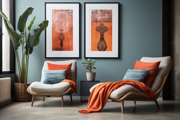 Two orange lounge chairs with throw pillows in a living room with blue-green walls and artwork