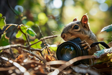 Generative AI illustration of squirrel taking photos in the forest