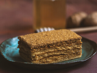 slice of homemade honey cake , dark background