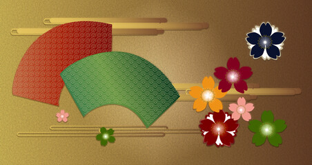 桜の和柄と扇のイラスト金屛風背景素材