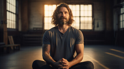 Portrait of a man satisfied yoga studio owner instructor. Self care, relax, meditation