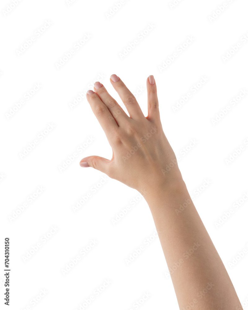 Wall mural young woman hand reaching or holding something isolated on white background