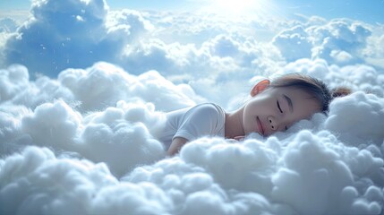 cute asian kid sleeping peacefully on a bed of clouds - obrazy, fototapety, plakaty