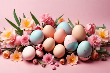 Obraz na płótnie Canvas Colorful Easter eggs in nest and flowers on pink background, closeup