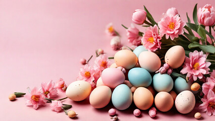 Naklejka na ściany i meble Easter eggs and spring flowers on pink background. Copy space.