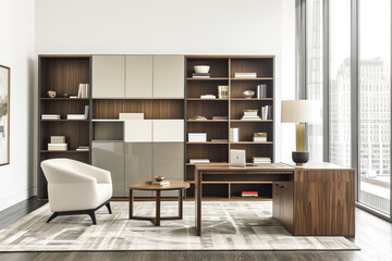 Elegant and modern home office interior with a stylish desk, comfortable armchair, and bookshelves with city view.