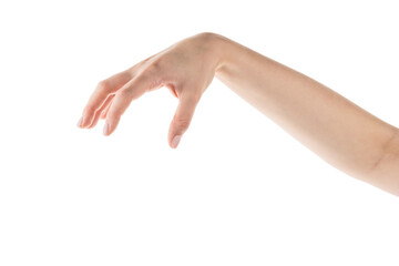 Young woman hand holding something with fingers from the top isolated on white background