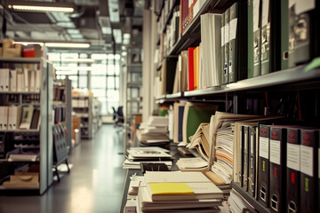 An image of well-stocked library shelves filled with books, binders, and documents, perfect for...