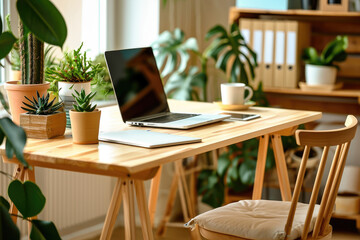 A modern and cozy home office setup with a laptop, coffee cup, and potted plants on a wooden desk.