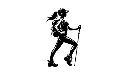 travelling logo , A logo-style silhouette of a female hiker with a dynamic and stylized design