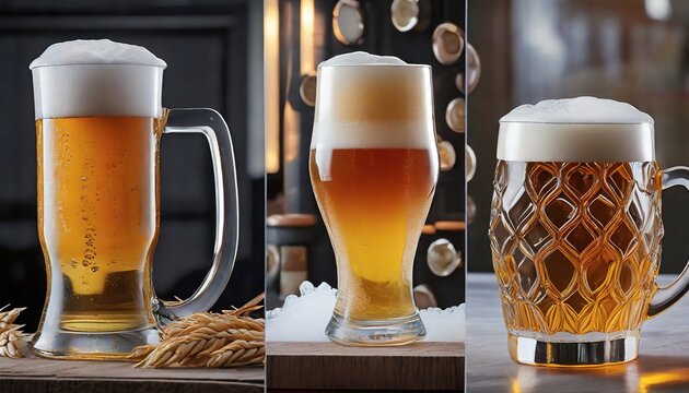 glass of beer. a collage of different lager glasses and mugs, each displaying the unique characteristics of the foamy beverage.