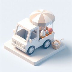 Ice Cream Cart 3D Minimalist Cute Isometric Icon on a White Background