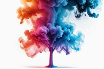 Gradient colorful colored smoke abstract background in the shape of a tree, pure white background