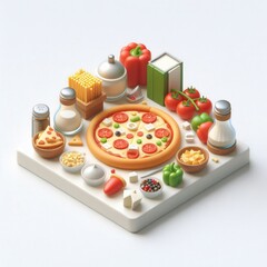 Pizza and Ingredients 3D Minimalist Cute Isometric Icon on a White Background