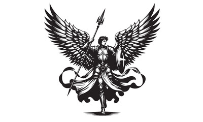 A black and white design of a valiant warrior angel, inspired by traditional depictions of St. Michael. The angel is portrayed in a powerful stance