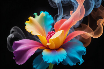 Gradient colorful colored smoke abstract background in the shape of a flower