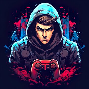 trending gamer art logo ideas man wearing hoodies with controller deadly background AI 