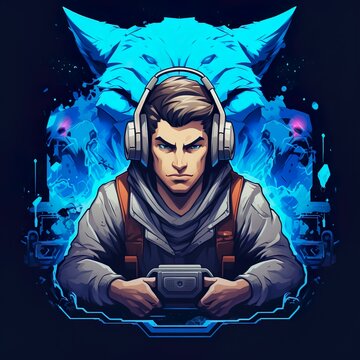 trending gamer art logo ideas man wearing hoodies with controller deadly background AI 