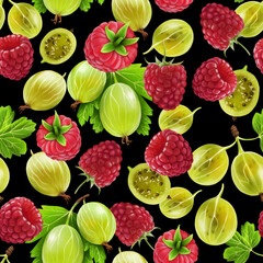 Seamless pattern of green gooseberries and ripe raspberries, drawn in colored pencil. Graphic texture on a black background for packaging, fabric and wallpaper