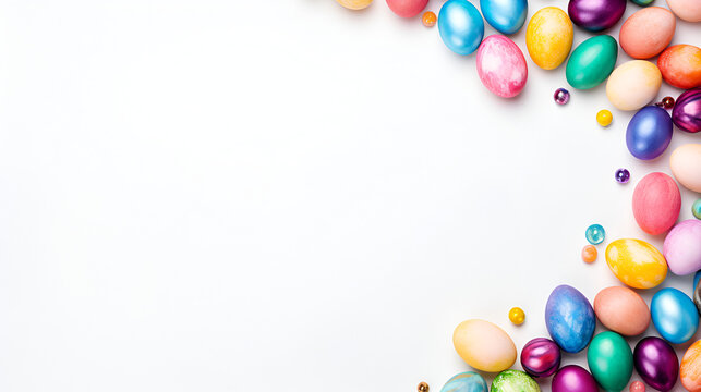 Easter banner with colorful Easter Egg double side border over a white background. Top view with copy space , generative ai