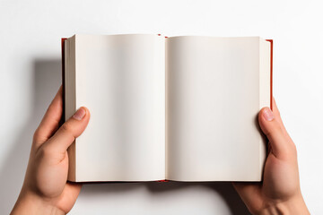 Hand holds a opened blank book in hardcover on free white background - Concept of learning