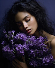 A portrait of an attractive brunette girl with purple flowers, generative AI