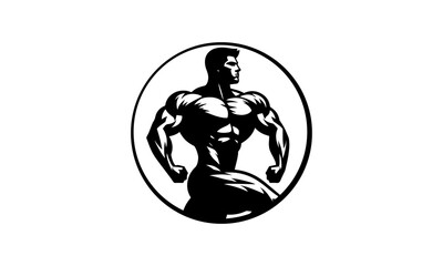 A black and white silhouette mascot logo ,bodybuilder logo ,detailed vectorized logo