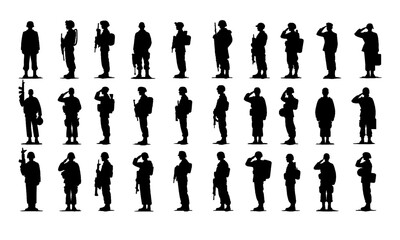 military silhouettes set all different poses, army black and white silhouettes set - obrazy, fototapety, plakaty
