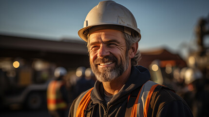 Portrait of a man builder in a helmet on the construction site, concept of civil engineering