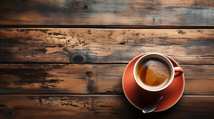 Close-up of freshly brewed latte in coffee cup on wooden rustic background - obrazy, fototapety, plakaty