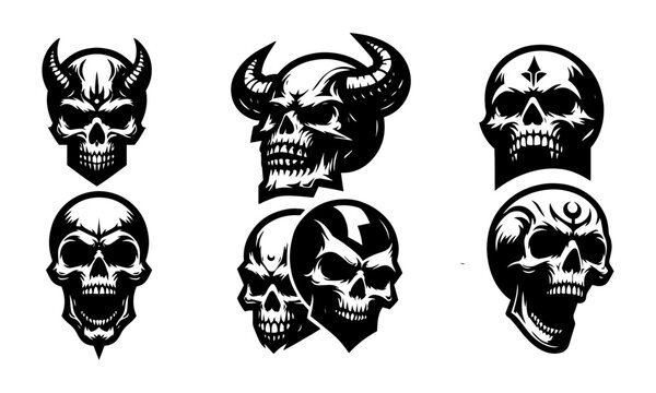 skulls mascot silhouettes set icons , detailed skull black and white silhouettes or vectors set