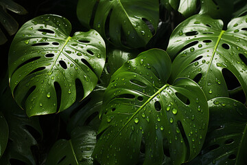 Monstera - Large, hole-punched abstract green leaves. - obrazy, fototapety, plakaty