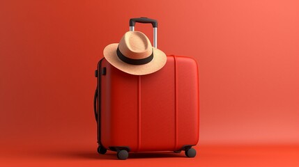Exploring Summer Vibes: Stylish Suitcase, Hat, and Sunglasses on a Vibrant Red Background &ndash; Perfect for Travel and Holiday Concepts!