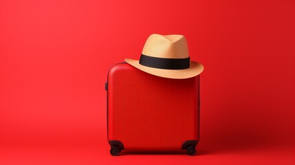 Exploring Summer Vibes: Stylish Suitcase, Hat, and Sunglasses on a Vibrant Red Background &ndash; Perfect for Travel and Holiday Concepts!