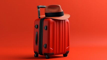 Exploring Summer Vibes: Stylish Suitcase, Hat, and Sunglasses on a Vibrant Red Background &ndash; Perfect for Travel and Holiday Concepts!