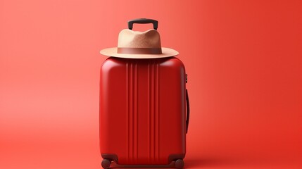 Exploring Summer Vibes: Stylish Suitcase, Hat, and Sunglasses on a Vibrant Red Background &ndash; Perfect for Travel and Holiday Concepts!